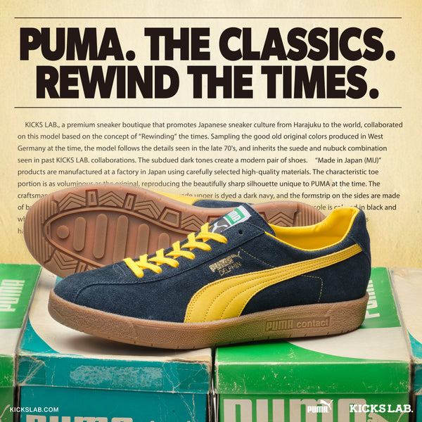 PUMA DELPHIN OG MIJ KL REW NEW NAVY/PELE YELLOW/GUM -MADE IN JAPAN- -Created by KICKS LAB.-