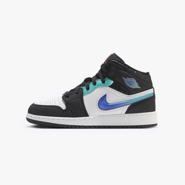 NIKE AIR JORDAN 1 MID SE GS BLACK/WHITE/HYPER JADE/SIREN RED