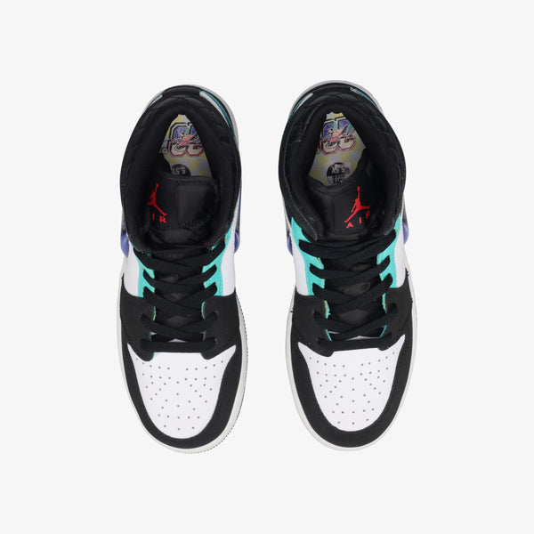 NIKE AIR JORDAN 1 MID SE GS BLACK/WHITE/HYPER JADE/SIREN RED