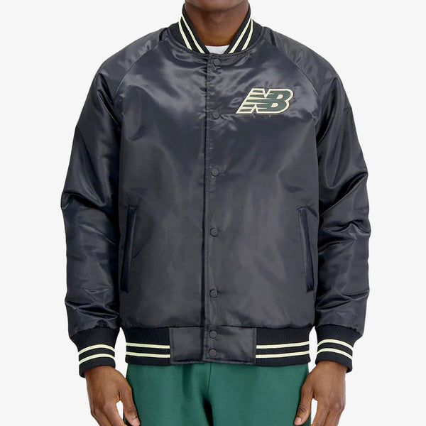 NEW BALANCE ATHLETICS VARSITY SATIN BOMBER JACKET BLACK